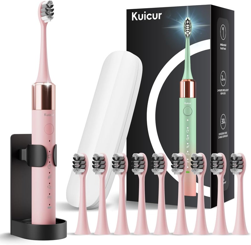 Kuicur Sonic Electric Toothbrush for Adults & Kids, Rechargeable Electric Toothbrush with 10 Brush Heads & Travel Case, Teeth Whitening, Power Tooth Brush with Holder, Charge for 120 Days - Pink - Image 1